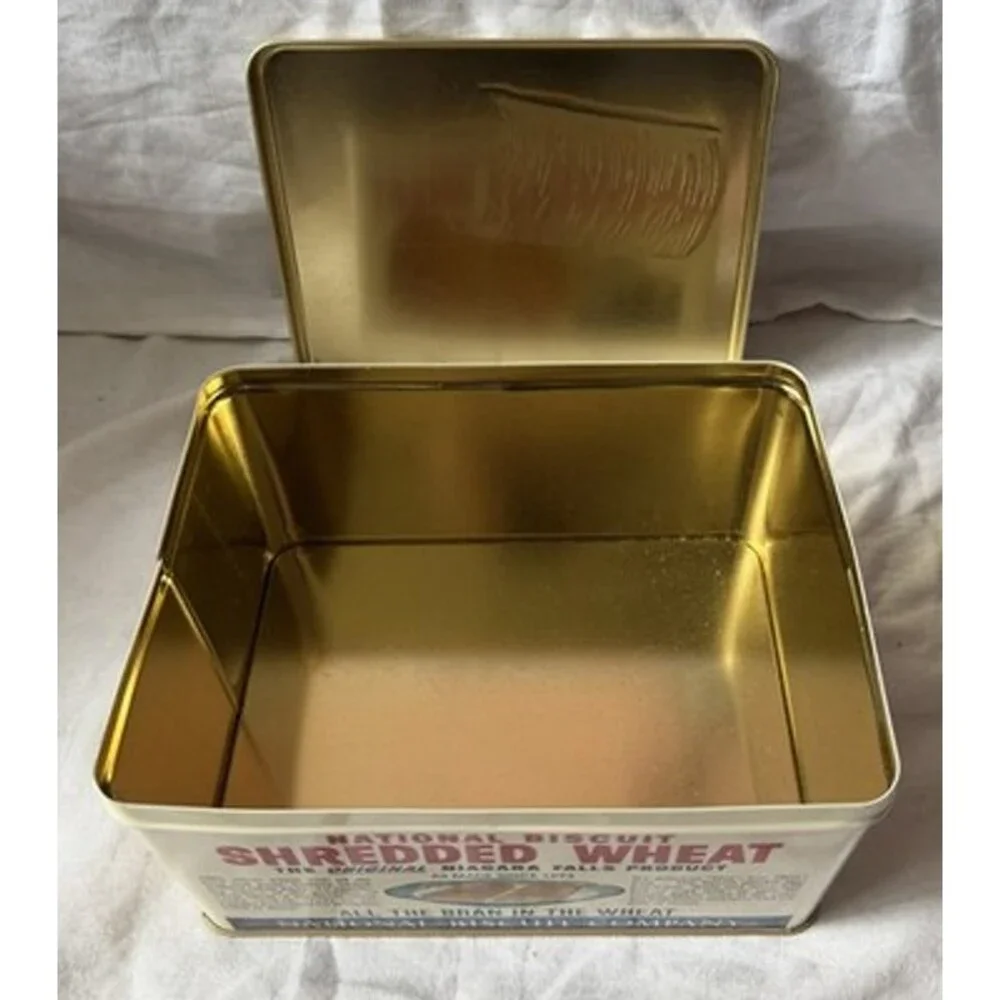 Vintage Nabisco Shredded Wheat Tin 1987 Dark Blue,Tan & Red Advertisement